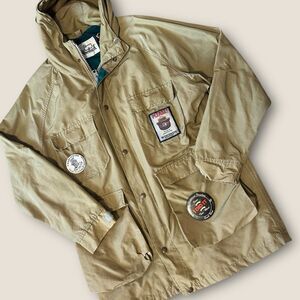 Vintage Woolrich Anorak Jacket Tan Teal Lined Outdoor Coat Smokey Bear Patch M/L
